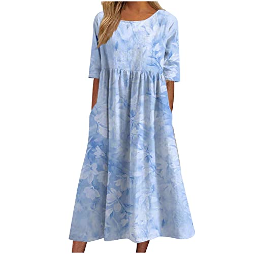 Women's Short Sleeve Maxi Summer Dresses Round Neck Pullover Dress Elegant Floral Printed Long Dress with Pocket Loose Flowy Hem Boho Dress Beach Daily Wear Light Blue