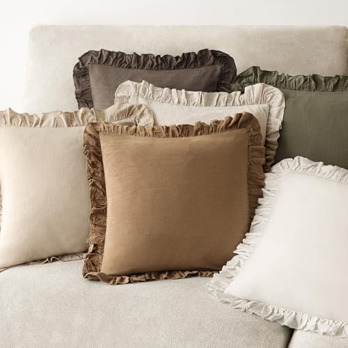 Image of Foindtower Set of 2 Decorative Soild Fringe Ruffle Throw Pillow Covers Soft Boho Farmhouse Cushion Cover Cozy Accent Retro Pillowcase for Couch Sofa Bed Living Room Home Decor,20x20 Inch,Orange Brown