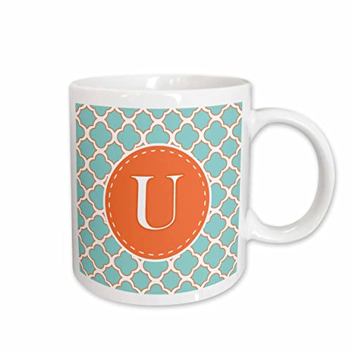 3dRose Letter U Monogram Orange and Blue Quatrefoil Pattern 11oz Mug