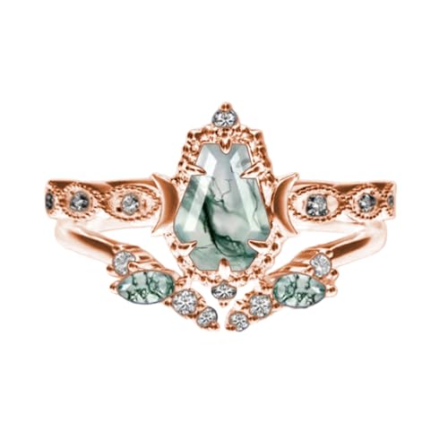 1-4 CT Black Gold Moss Agate Ring Set for Women, 10K 14K 18K Gold/925 sterling Silver Nature Inspired Agate Ring Unique Leaf Bridal Wedding Ring Sets Gift for Bride Wife Mom 7