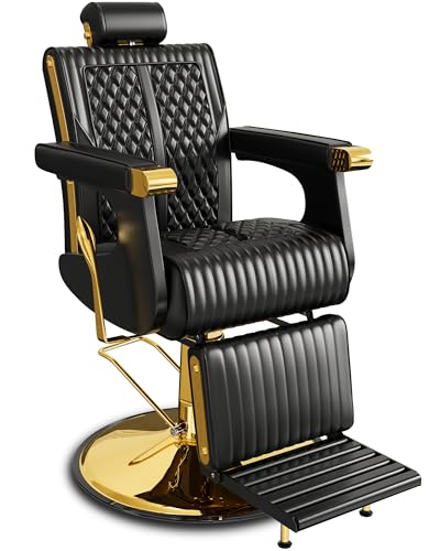 Baasha Classic Gold Reclining Barber Chair, Luxury Trim Design with PU Upholstery, Comfortable Cushion and Swivel Base, 440 lbs Capacity