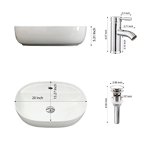 Decorvella 20X15.27X5.35 Inch Bathroom Vessel Sink With Faucet And Pop Up Drain, Oval Above Counter White Porcelain Ceramic Bathroom Vessel Vanity Sink Washing Art Basin #TOP5