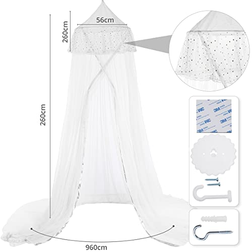 Jeteveven Bed Canopy, Bed Curtain With Star For Single To King Size, Canopy Bed Curtains Round Lace Dome, Bedroom Indoor Outdoor Decor For Girls Boys Adults - White #TOP1
