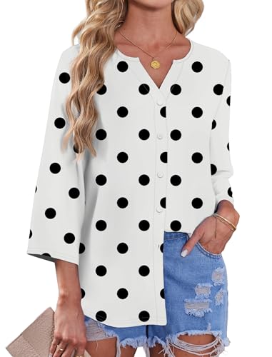 Image of OFEEFAN Button Down Shirts for Women 3 /4 Length Sleeve Tops V Neck Blouses Business Casual Outfits Loose Fit