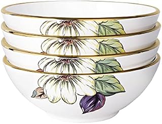 fanquare Porcelain Salad Soup Bowl Set of 4, 720 ml Japanese Flower and Leaf Pattern Cereal Bowl, Stackable Ramen Bowl, Large