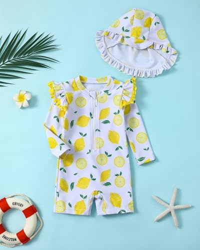 Image of Toddler Girl Swimsuit Baby Girl Bathing Suit Long Sleeve Floral Zipper One-Piece Rash Guard Swimsuit with Hat