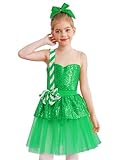 Riismen Disfraz de baile de Navidad para niñas, con lentejuelas, patinaje artístico, tutú, leotardo para fiestas de Navidad, verde, 10 años