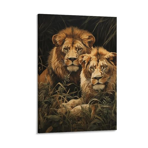 Toile murale de deux lions avec cadre suspendu en bois pour salon et chambre 50 x 75 cm