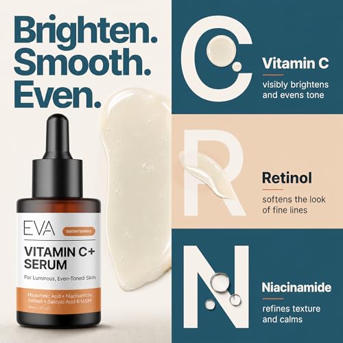 Image of Eva Naturals Vitamin C Serum for Face - Anti Aging Dark Spot Remover & Corrector with Retinol, Hyaluronic Acid, Niacinamide & Salicylic Acid - Brightening, 1 fl oz