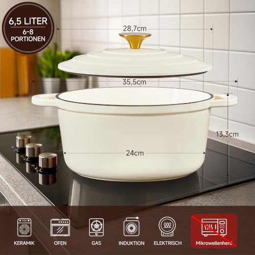 Nilpferd Gusseisen Topf Schmortopf Emaille Bräter, Cremeweiß, 28cm/6,5L – Ansicht 2