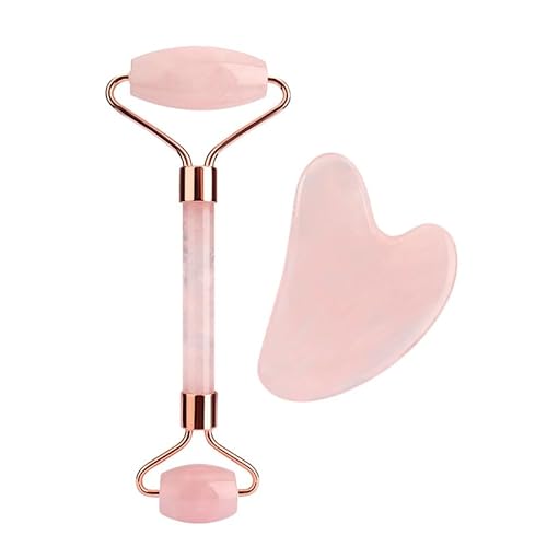 GLOWFINITY Rose Quartz Jade Roller, Gua Sha Set, Gifts for Women, Massage Stone, Face Roller, Skin Care Gift, Jade Guasha Gift Set, Reduces Eyes Puffiness, Face Massager, Anti-Aging Gift (Pink)