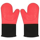 Swpeet 2Pcs 14'' Red Extra Long Silicone Oven Mitts, Heat Resistant BBQ Gloves, Home Potholders Gloves, Kitchen Silicone Oven Mitts with Quilted Liner Non-Slip Textured Grip for BBQ Baking Cooking