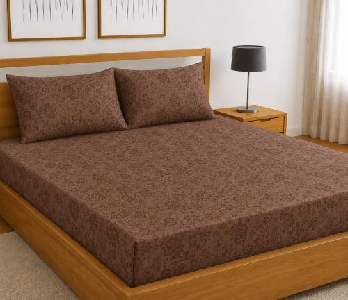 Image of Fitted Bedsheet Brown 3D Floral Print Glace Cotton 210 TC | Full Single Size for Single Bed Fits 4 x 6.25 ft Mattress (48 x 75 Inch) | All Around Elastic | 2 Pillow Covers | 7 Inch Deep Pocket