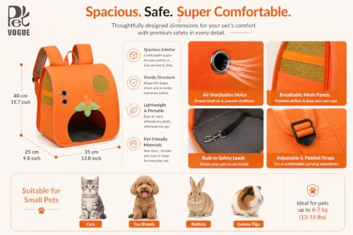 Image of PetVogue Cat Carrier Backpack for Cats & Small Pets, Breathable Pet Travel Backpack with Transparent Window, Ventilated Mesh, Adjustable Shoulder Straps, Soft-Sided Portable Pet Carrier Bag (Orange)