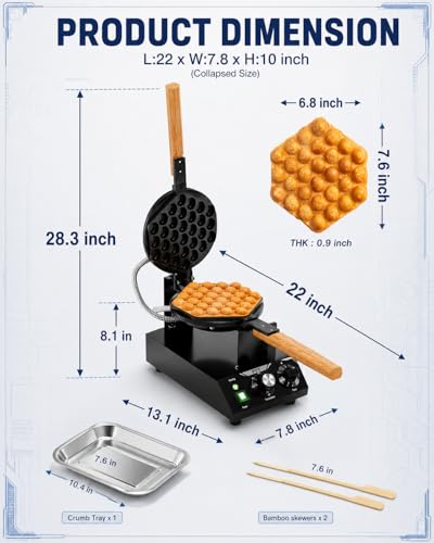 Image of PYY Bubble Waffle Maker - 1500W Commercial Waffle Iron, 122-482℉ Electric Stainless Steel Egg Puff, Non-Stick Coating, 180 Rotating, Hong Kong Round Cones, Black