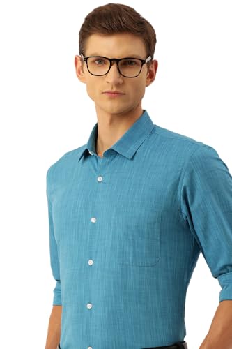 Image of Peter England Men's Slim Fit Full Sleeve Formal Textured Solid Shirt | Festive Duo-Tone Colour | 100% Cotton