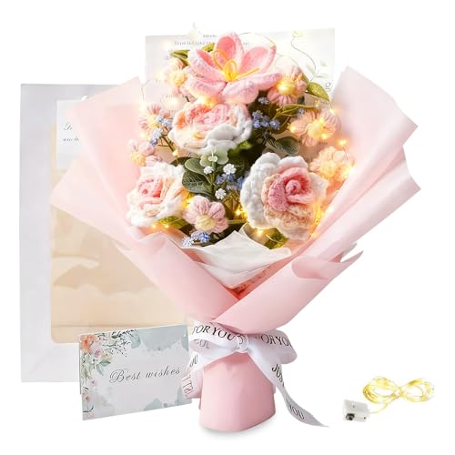 WDKXCN Crochet Flowers Bouquet, Hand Knitted Rose Crochet Flower Bouquet with Gift Bag and Greeting Card, C-rochet b-ouquet Tulips Artificial Flowers Gifts for Home Decor Wedding Mother's Day Birthday