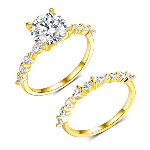 MDFUN 18K Gold Plated Two-in-One Heart/Round/Horse-eye Cubic Zirconia Engagement Promise Rings Eternity Wedding Band for Women