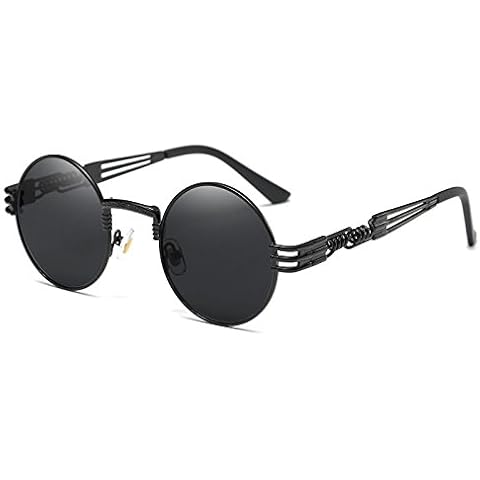 Round Metal Frame Sunglasses Steampunk Vintage Driving Polarized Glasses with Spring Frame for Men and Women(Black Frame/ Black Lens) Cover