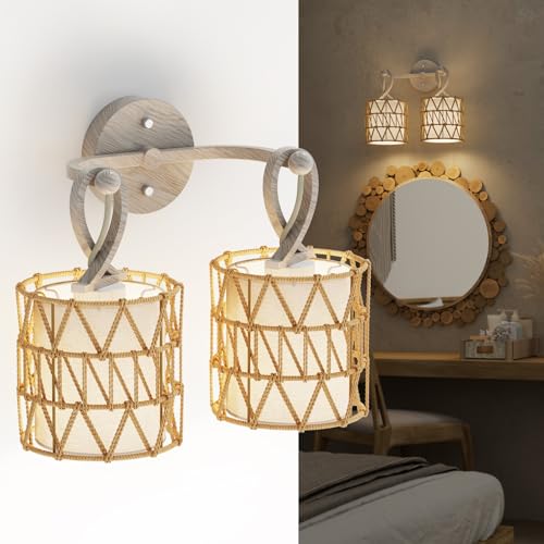 Image of N12-3 Two-Lights Boho Rattan Wall Sconce - Vanity Lights Fixtures for Mirror, Cross-Woven Shade & Hardwired Wall Lamp with Woodgrain Metal Frame, E26 Bulb Base