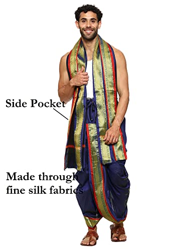 Image of Rameshwaram Fabrics Readymade Dhoti for Men, Velcro Style Stitched Mens Silk Dhoti Pant with Stole Set