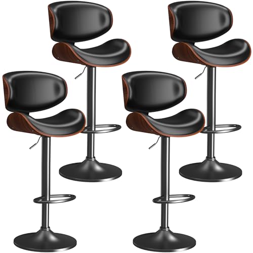 Image of YaFiti Bar Stools Set of 4, Bar Stools for Kitchen Island with Bentwood Back and Leather Seat, Swivel Barstools for Kitchen Counter, Bar, Black