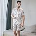 Men's Silky Satin Pajama Set Short Sleeve Classic Sleepwear Button Down Loungewear with Short Pants（White duck-M）