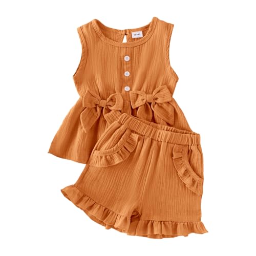 Image of Toddler Girl Clothes Sleeveless Top Shorts 2Pc Summer Outfit 12M-5T | 100% Cotton, Soft breathable, Double crepe fabric, Adorable bow ruffle pocket design, Perfect for daily wear, birthday, party