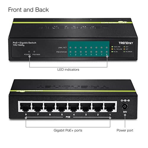 Image of TRENDnet 8-Port Gigabit PoE+ Switch, TPE-TG80G, 8 x Gigabit PoE+ Ports, 123W PoE Power Budget, 16 Gbps, Ethernet Splitter, NDAA & TAA Compliant, Metal, Lifetime Protection, Black