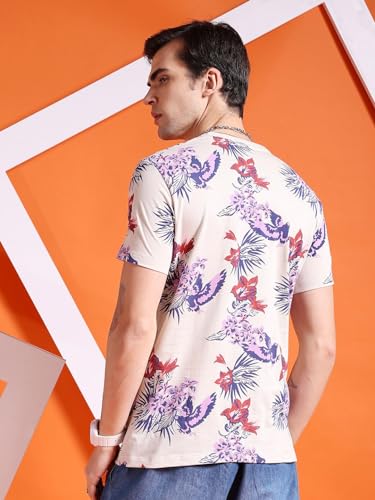 Image of The Indian Garage Co Men's Cotton Slim Fit Tropical Print Round Neck Tshirt