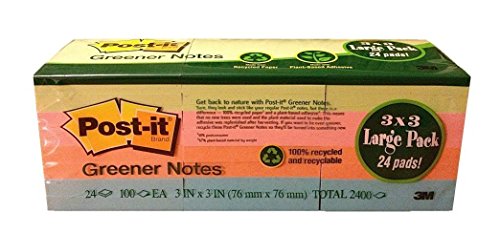 3M Post-it Notes Greener Notes Pad 100% Recycled Recyclable 3x3 in, Assorted Colors, Large Pack, 24 Pads per Pack Total 2400