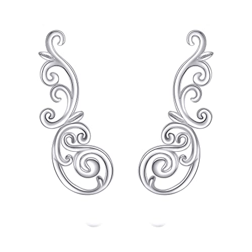 Filigree Ear Climbers Earrings for Women Sterling Silver Vintage Leaf Crawler Earrings Jewelry