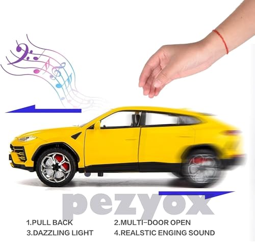 Image of 1:24 Lamborghini Urus Car Model, Diecast Pull Back Car Toy car, Doors Open, Light and Sound, Boys Toys Kids Adults Gifts (Yellow)