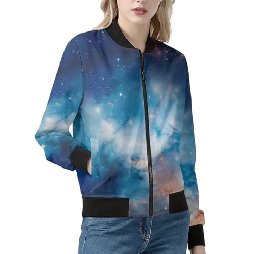 ORGYPET Blue Galaxy Women's Cycling Full-Zip Jacket Women's Hiking Shirts Sun Protection Shirt with Pockets Long Sleeve Crew Neck Outdoor Running Fall Jacket