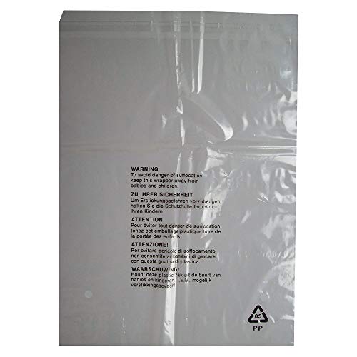 CLEAR TRANSPARENT PLASTIC SELF SEAL GARMENT CLOTHING RETAIL PACKAGING BAGS SAFETY WARNING, LARGE SIZE 12x15" 300x380mm 38mu