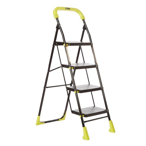 Image of Amazon Basics Dynamo - Foldable Step Ladder, Safety Clutch Lock, Anti Slip Steps, Knee Guard, Anti Skid PVC Shoes, 4 Steps (Steel, Black & Lime Green)