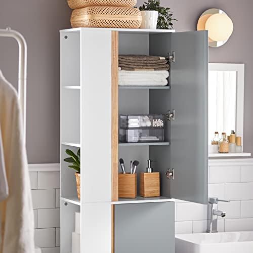 SoBuy BZR76-HG wysoka szafka łazienkowa, wąska, z 2 drzwiami, regał łazienkowy, mebel łazienkowy, jasnoszara, szer. x wys. x gł.: ok. 50 x 181 x 30 cm