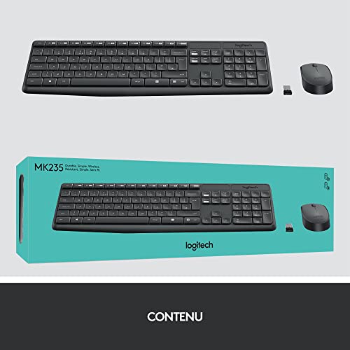 Logitech 920-007907 MK235 Combo Clavier Souris sans Fil pour Windows, 2,4 GHz Récepteur USB Unifying, Clavier sans Fil, 15 Touches de Fonctions, Batterie Longue Durée 3 Ans, PC/Portable, Gris foncé