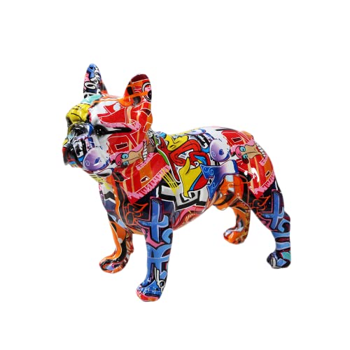 10inch Art Creativity Modern Colorful French Bulldog Statue Graffiti Office Ornaments Printing Resin Dog Home Decor Crafts (CRA,25.5x13x24.5CM)