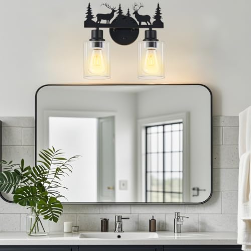 Image of Rustic Deer Bathroom Light Fixtures, 2-Light Vanity Lamp | Farmhouse rustic style, Clear Glass Shade,Wall Light for Bathroom, Hallway, Kitchen, Porch,Study, Bar