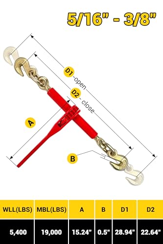 Image of 2 Pack Ratchet Chain Binders 5 /16'' - 3 /8'' | Load Binder with 2 Grab Hooks | Tie Downs for Grade 70 Transport Chain | 6000 Lbs. Safe Working Load- Heavy Duty Ratchet Binders for Towing