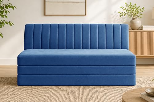 Image of 3-Seater Foldable Floor Sofa Bed with, Modern Velvet Fabric Folding Couch for Living Room, Guest Room & Small Spaces-Blue