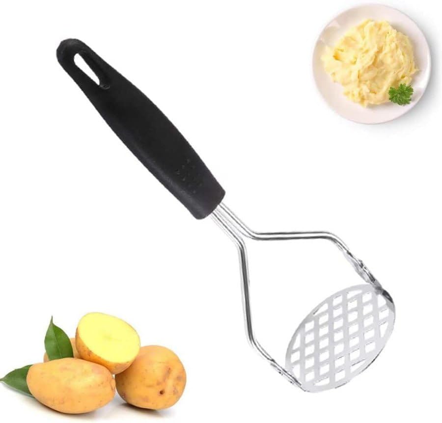 Potato Masher-Food-Grade Stainless Steel Vegetable Masher with Non-Slip Heat Resistant Handle-Large Round Press Plate Kitchen Gadget for Mashed Potatoes, Pav Bhaji, Fruits & Baby Food, Black-image-29