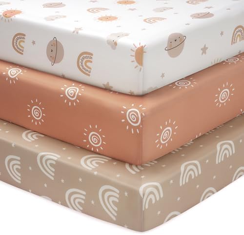 FIEMOL Baby Spannbettlaken 60x120 cm Babybett Spannbetttuch, 3er-Pack Mikrofaser Bettlaken Für babybetten, Ultrasanft & Seidigglatt Bettlaken Orange Sonne Regenbogen
