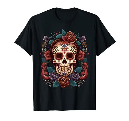 Flores cinco de maio caveira de açúcar mexicana dia dos mortos t-shirt, Preto