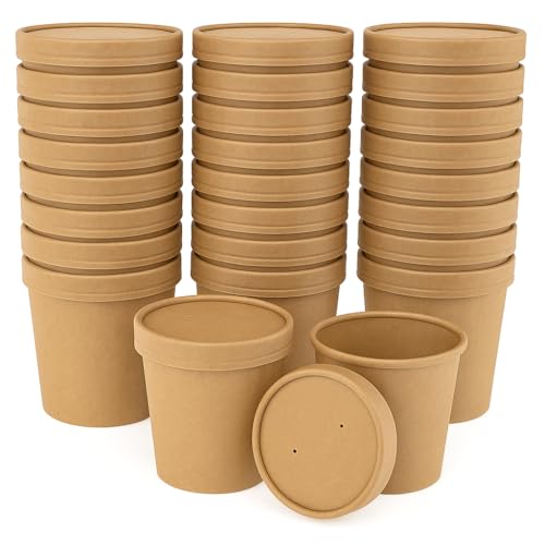 Party Warehouse 24 x 8oz (225ml) Brown Kraft Paper Disposable Food Containers With Lids - Ideal for Soup and Ice Cream - Microwave Safe and Freezer Safe - 24 Cardboard Cups and 24 Lids - 8oz