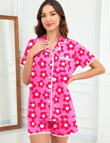 Image of SWOMOG Womens Button Down Pajamas Set Short Sleeve Sleepwear Bride Soft Pj Lounge Sets XS-3XL