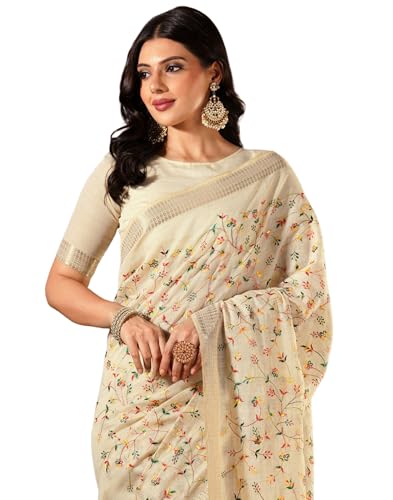 Image of SIRIL Women's Cotton Linen Embroidery Work Saree with Unstitched Blouse Piece