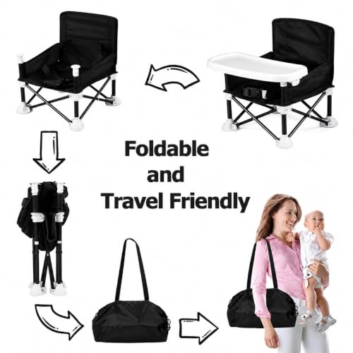 Image of Portable Foldable Baby Dining Chair with Removable Tray & Safety Belt | Travel-Friendly Baby Feeding Chair with Storage Bag | Lightweight Toddler High Chair | Black