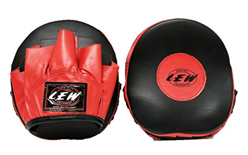 Image of LEW Pre-Curved Genuine Leather Focus Pads for Boxing & Kickboxing Training - Black & Red | Curved Punch Mitts for MMA, Muay Thai, Sparring & Martial Arts Practice (Black & Red)